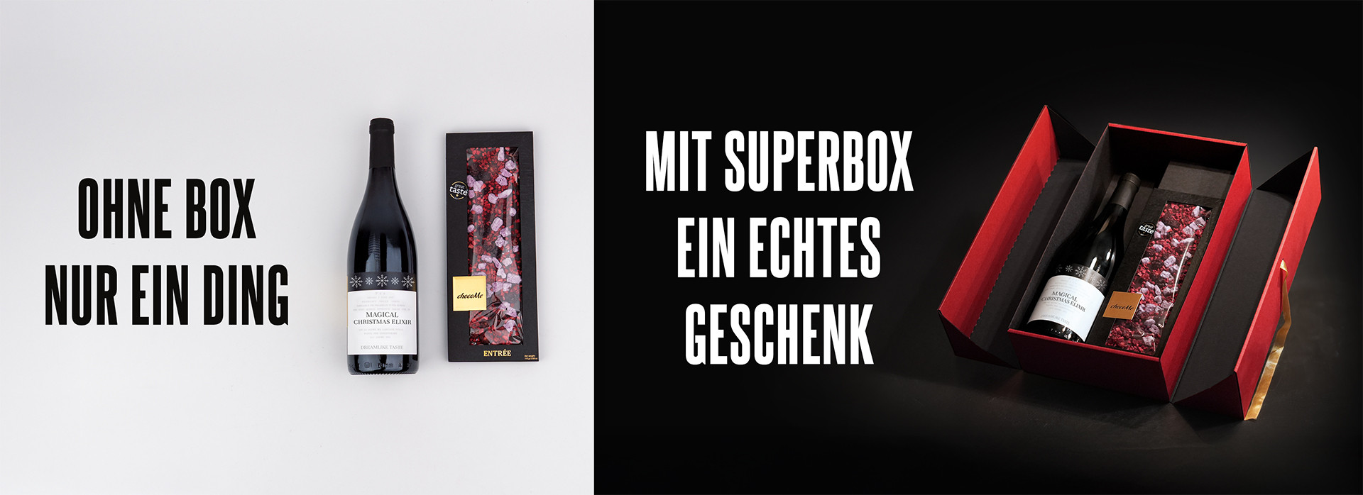 Geteiltes Bild: Flasche und Schokolade „ohne Box“ auf der einen, Geschenkset „mit SUPERBOX“ auf der anderen Seite.